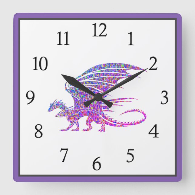 Amazing Mosaic Dragon Purple Black Numbers Square  Square Wall Clock (Front)