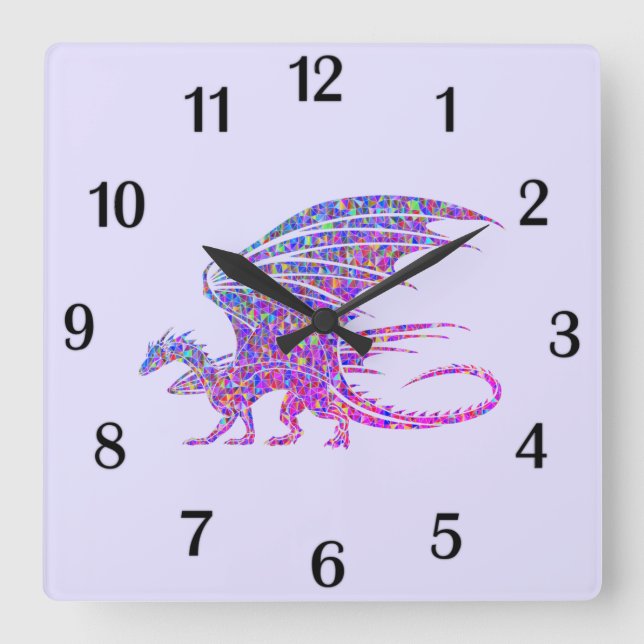 Amazing Mosaic Dragon Purple Black Numbers Square Wall Clock (Front)