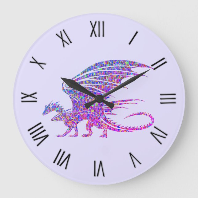 Amazing Mosaic Dragon Purple Roman Numerals Large Clock (Front)