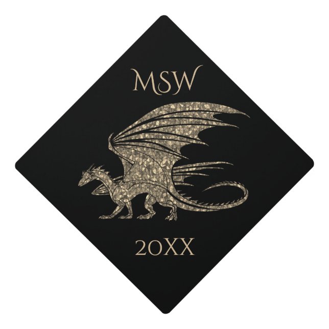 Amazing Mosaic Gold Dragon Monogram Graduation Cap Topper (Front)
