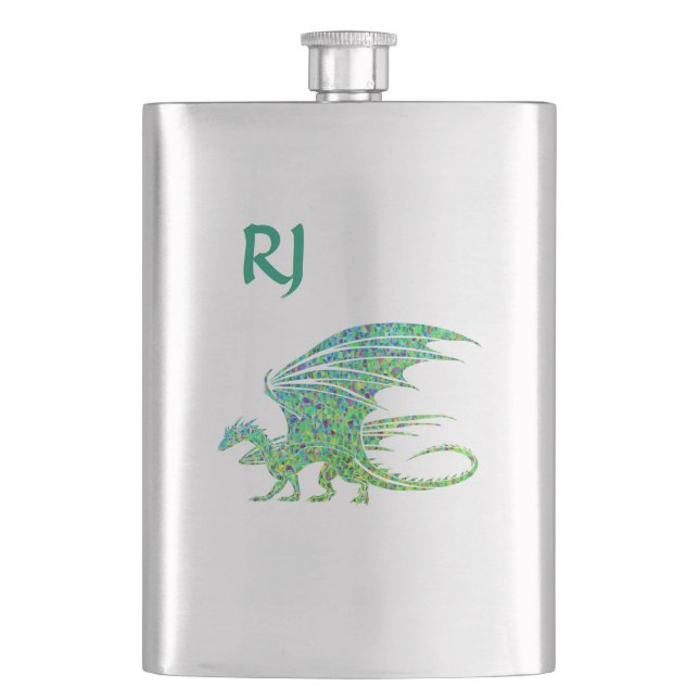 Amazing Mosaic Green Dragon Monogram Flask (Front)