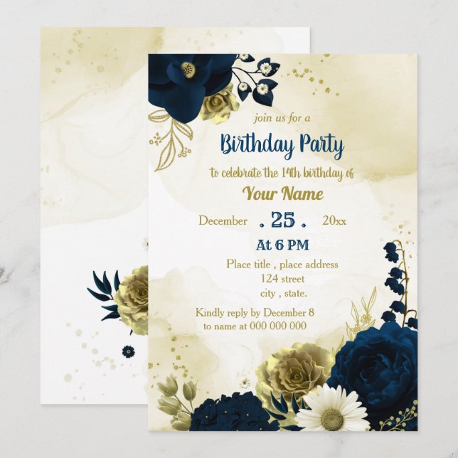 Amazing navy blue ivory flowers gold birthday  invitation (Front/Back)