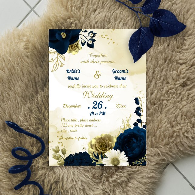 Amazing navy blue ivory flowers gold  invitation (Creator Uploaded)