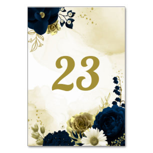 Amazing navy blue ivory flowers gold table number