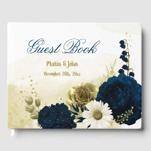 Amazing navy blue ivory gold flowers botanical guest book