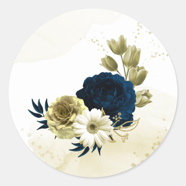 Amazing navy blue ivory gold flowers classic round sticker (Front)