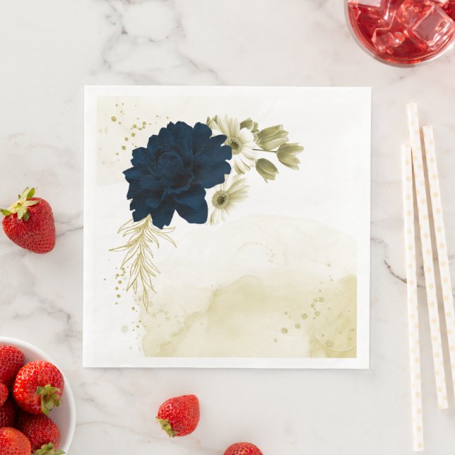 Amazing navy blue ivory gold flowers napkin (Insitu)