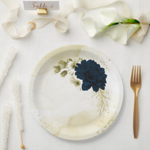 Amazing navy blue ivory gold flowers paper plate