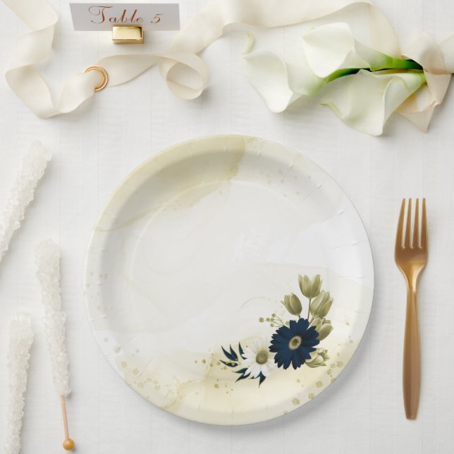 Amazing navy blue ivory gold flowers paper plate (Wedding)