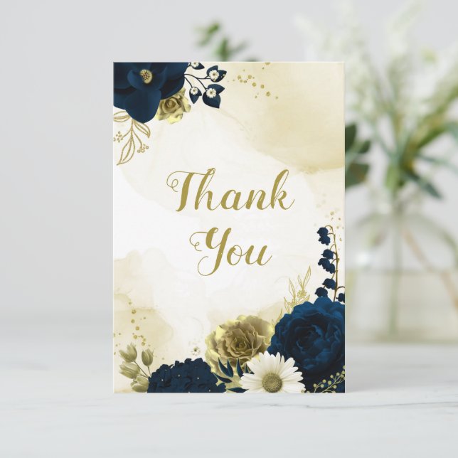 Amazing navy blue ivory gold flowers  thank you card (Standing Front)