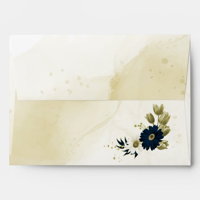 Amazing navy blue ivory gold flowers wedding envelope (Back (Top Flap))