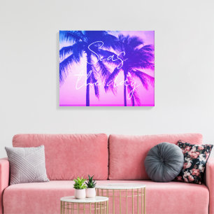 Amazing neon pink sunset palm tree ocean view canvas print