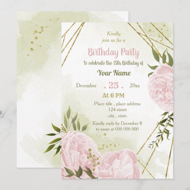 amazing pink flowers greenery birthday party invitation (Front/Back)