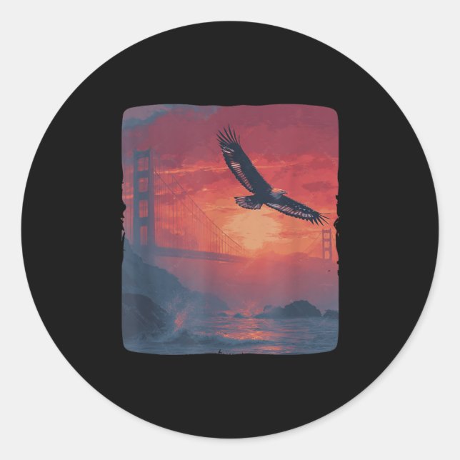 Amazing Red Sunset With Bridge And Patriotic Eagle Classic Round Sticker (Front)
