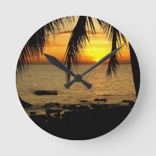 Amazing Sunset at the Beach Round Clock