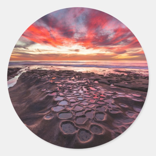 Amazing sunset at the tide pools classic round sticker (Front)