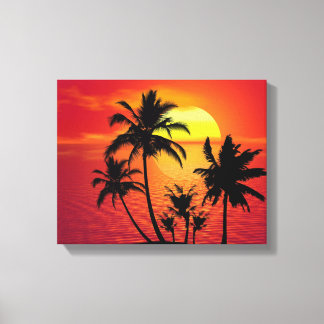 Amazing sunset with palms on tropical beach canvas print