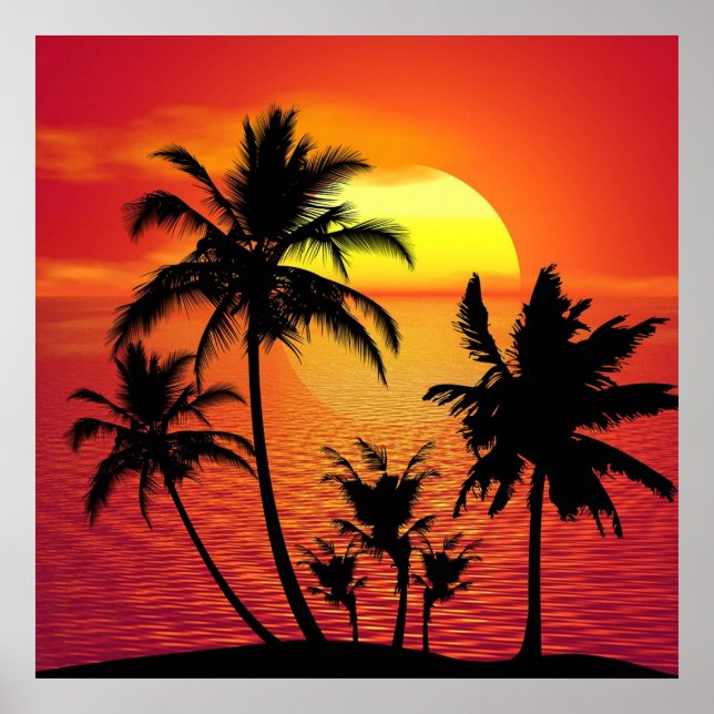 Amazing sunset with palms on tropical beach poster (Front)