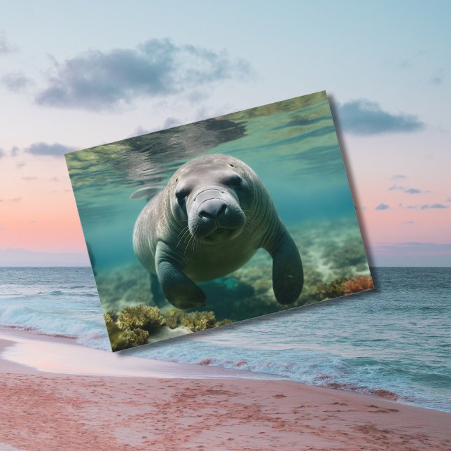 Amazonian Manatee swimming above reef.   Postcard (Creator Uploaded)