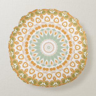 Amber and Olive Radiant Mandala Pattern Round Pillow