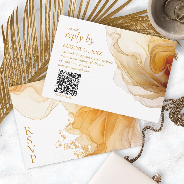 Amber Brandy Abstract Ink Wedding QR Code ID1089 RSVP Card (Creator Uploaded)