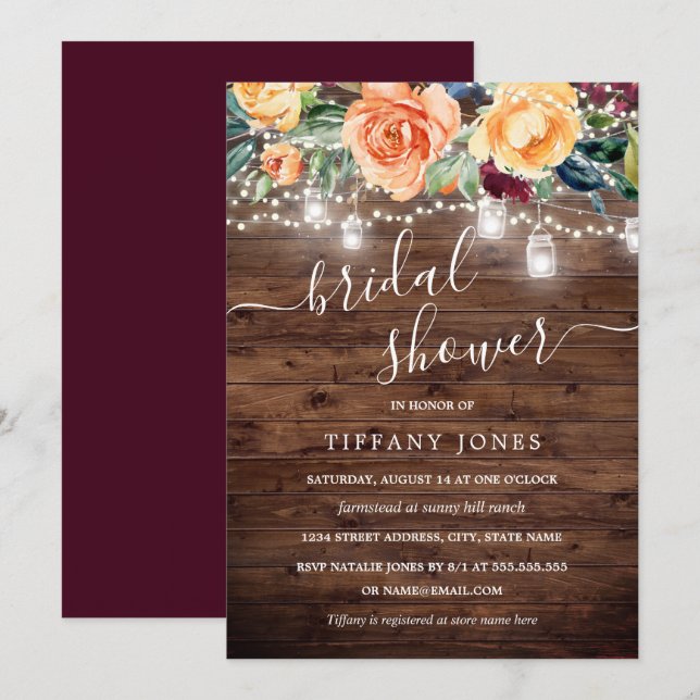 Amber Burgundy Floral Rustic Wood Bridal Shower Invitation (Front/Back)