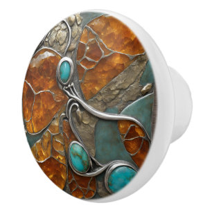 Amber Compass with Turquoise Points & Silver lace Ceramic Knob