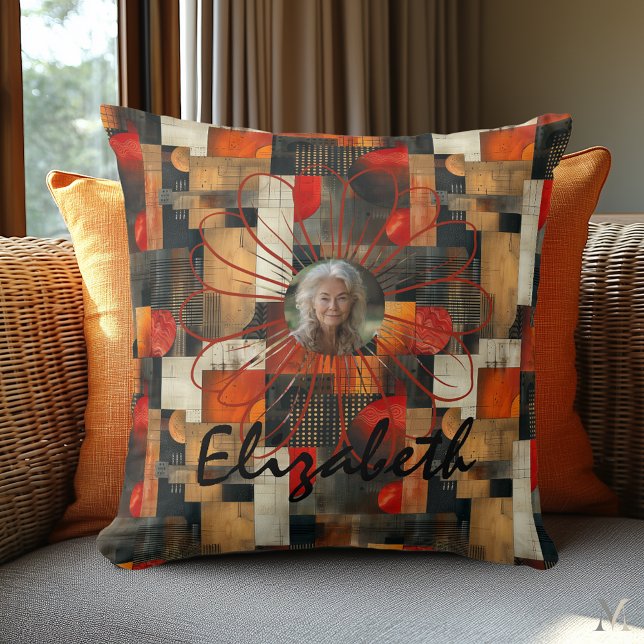 Amber Geometric Bloom – Warm Abstract Art Throw Pillow (Creator Uploaded)