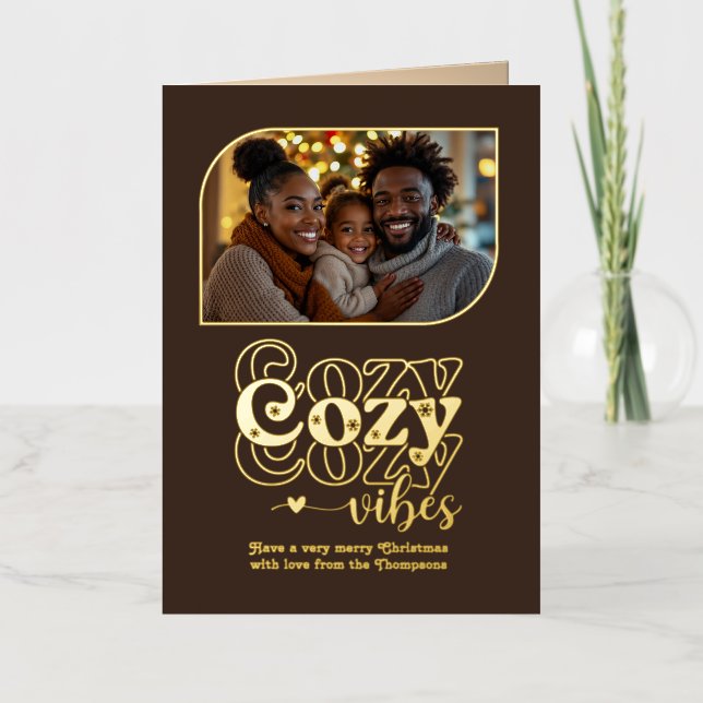 Amber Glow Cozy Vibes Christmas Photo Foil Holiday Card (Front)