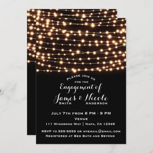 Amber Glow String Lights Rustic Engagement Party Invitation (Front/Back)