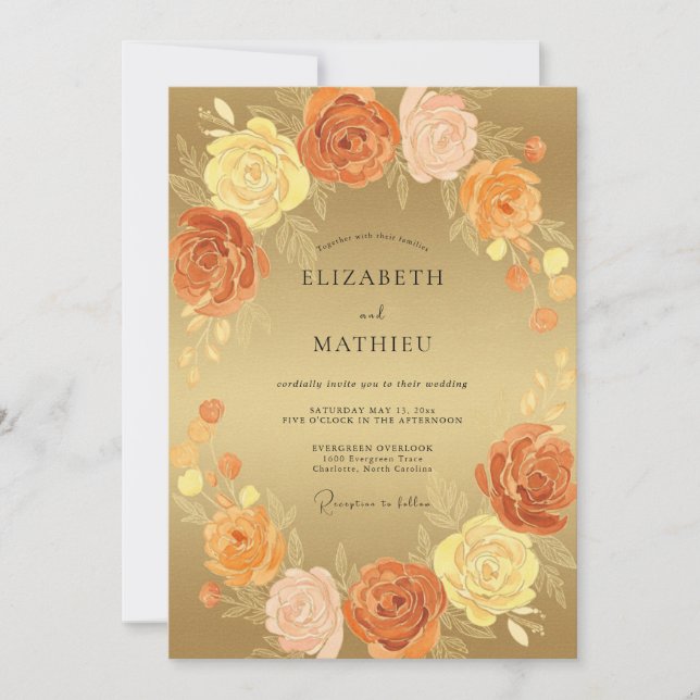 Amber Gold Ranunculus Eucalyptus Wedding Invitation (Front)