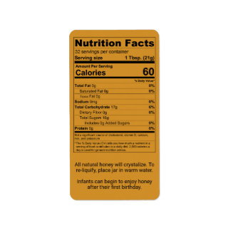 Amber Honey Nutrition Facts Information Label