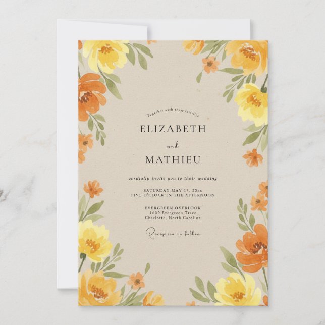 Amber Honey Ranunculus Eucalyptus Wedding Invitation (Front)