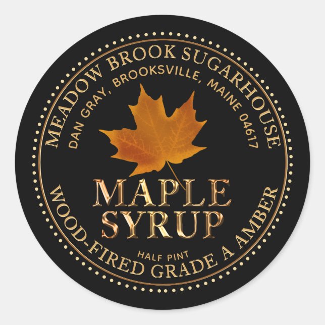Amber Maple Leaf Metallic Maple-Syrup Colour font  Classic Round Sticker (Front)