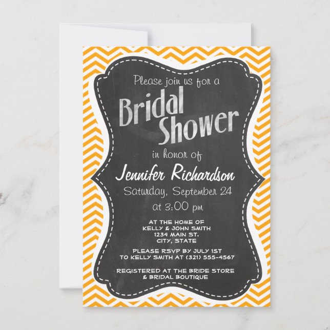 Amber Orange Chevron; Vintage Chalkboard look Invitation (Front)