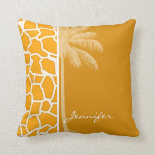 Amber Orange Giraffe Animal Print; Palm Throw Pillow