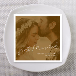 Amber Sepia Photo Just Married Napkin