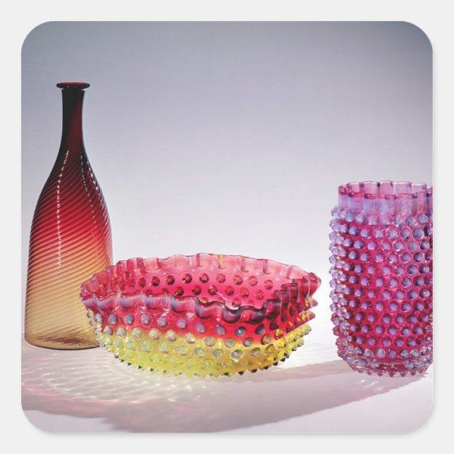 Amberina bottle, New England Glass Company, 1885 Square Sticker (Front)