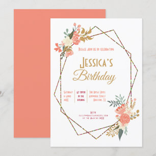Ambrose Coral Floral Geometric Feminine Birthday Invitation
