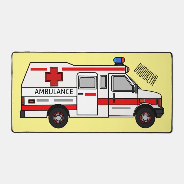 Ambulance cartoon illustration desk mat (Front)