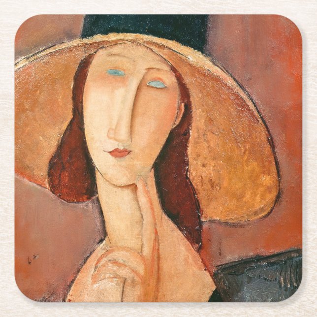Amedeo Modigliani - Jeanne Hebuterne in Large Hat Square Paper Coaster (Front)