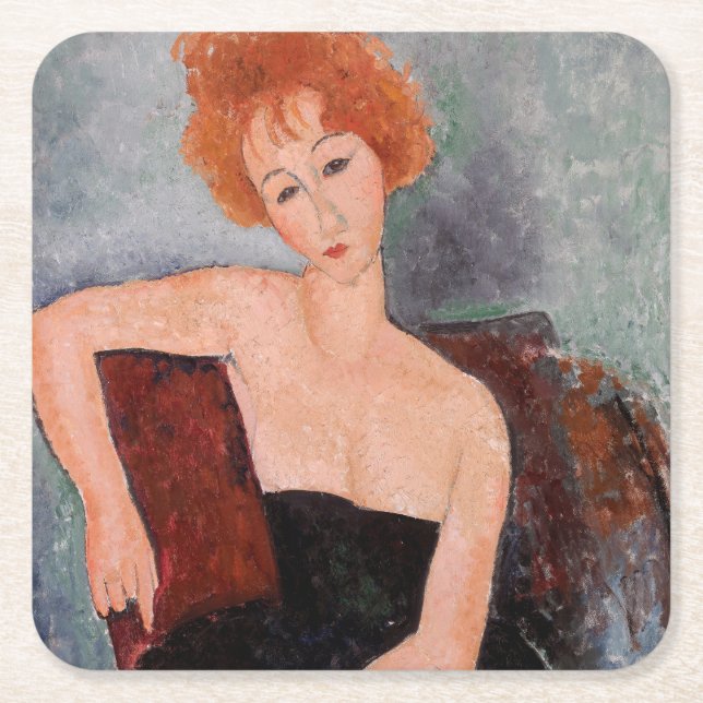 Amedeo Modigliani - Redheaded Girl Evening Dress Square Paper Coaster (Front)