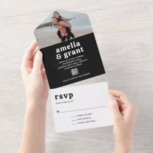 Amelia Black Modern Wedding All In One Invitation