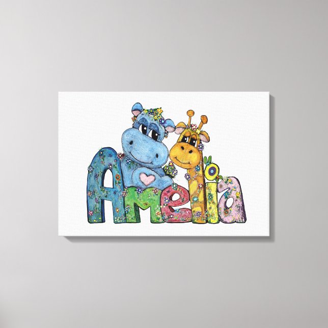 Amelia Canvas Name Art Giraffe Hippo Bedroom Decor (Front)