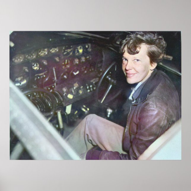 Amelia Earhart Candid Airplane Cockpit Colorized   Poster (Front)