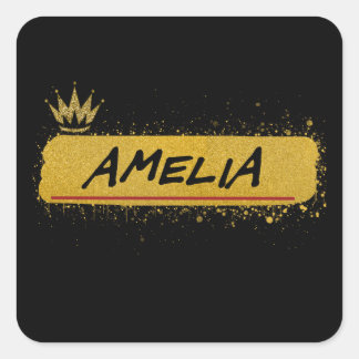 Amelia first Name Gold Glitter Queen Square Sticker