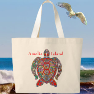 Amelia Island Florida Colourful Sea Turtle Large Tote Bag