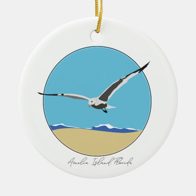 Amelia Island, Florida Sea Gull over Beach  Ceramic Ornament (Front)