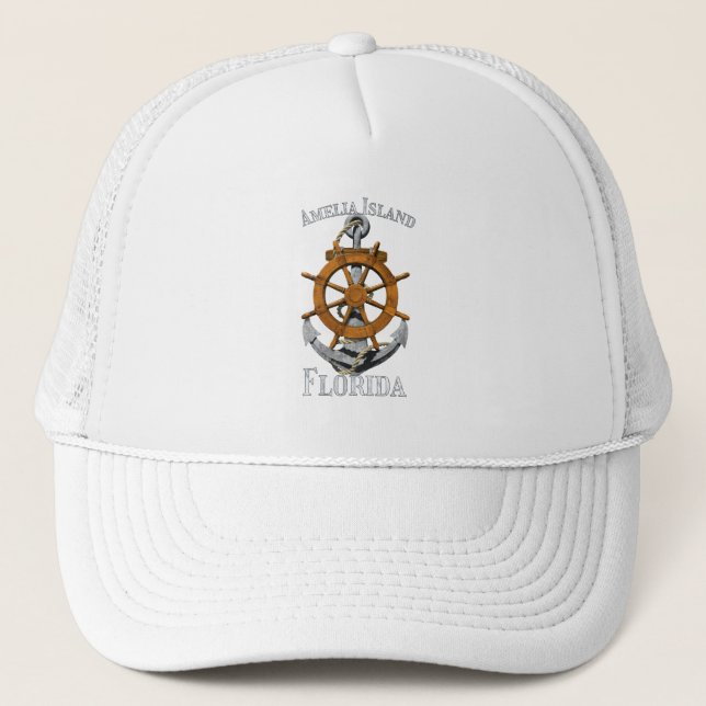 Amelia Island Florida Vacation Nautical Anchor Hel Trucker Hat (Front)