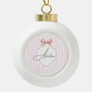 Amelia Personalized Pink Bow & Gingham Print  Ceramic Ball Christmas Ornament